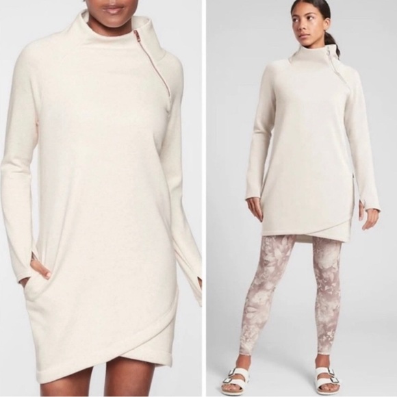 Athleta Cozy Karma Asymetrical Sweatshirt Dress Tunic Oatmeal Heather Size XS - Picture 1 of 11